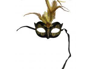 Maska wenecka Kinky Mask żółta z kamieniem i piórkiem
