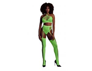 Komplet bielizny Ouch! neonowy zielony crop top pończochy XS/XL