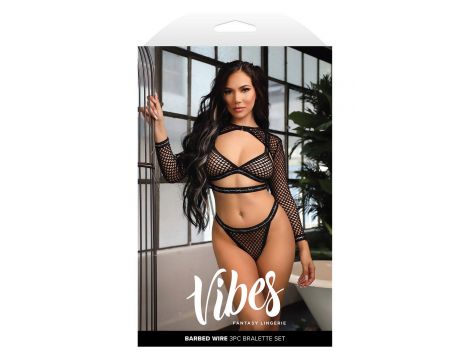 BARBED WIRE FISHNET BRALETTE, LONG SLEEVE SHRUG & PANTY, L/XL