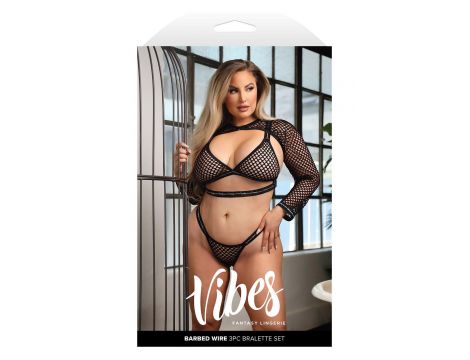 BARBED WIRE FISHNET BRALETTE, LONG SLEEVE SHRUG & PANTY, Q/S - 3