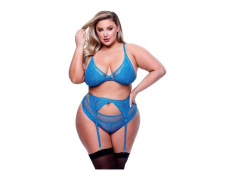 3PC LACE & MESH BRA, GARTER & PANTY SET BLUE, QUEEN - 2