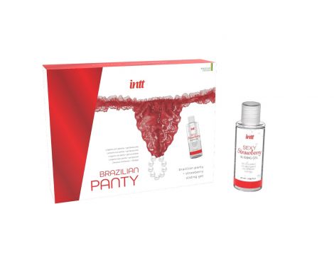 Czerwone koronkowe figi z perłowym pierścieniem i truskawkowy żel Intt 50ml - 2