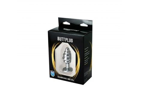 Silver small ribbed butt plug with white crystal - 3