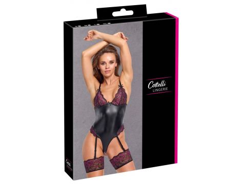 Body string z paskami do pończoch Cottelli LINGERIE czarno różowe S
